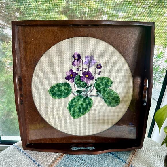 Vintage Wooden Serving Tray with Embroidered Violet Insert - Picture 1 of 15